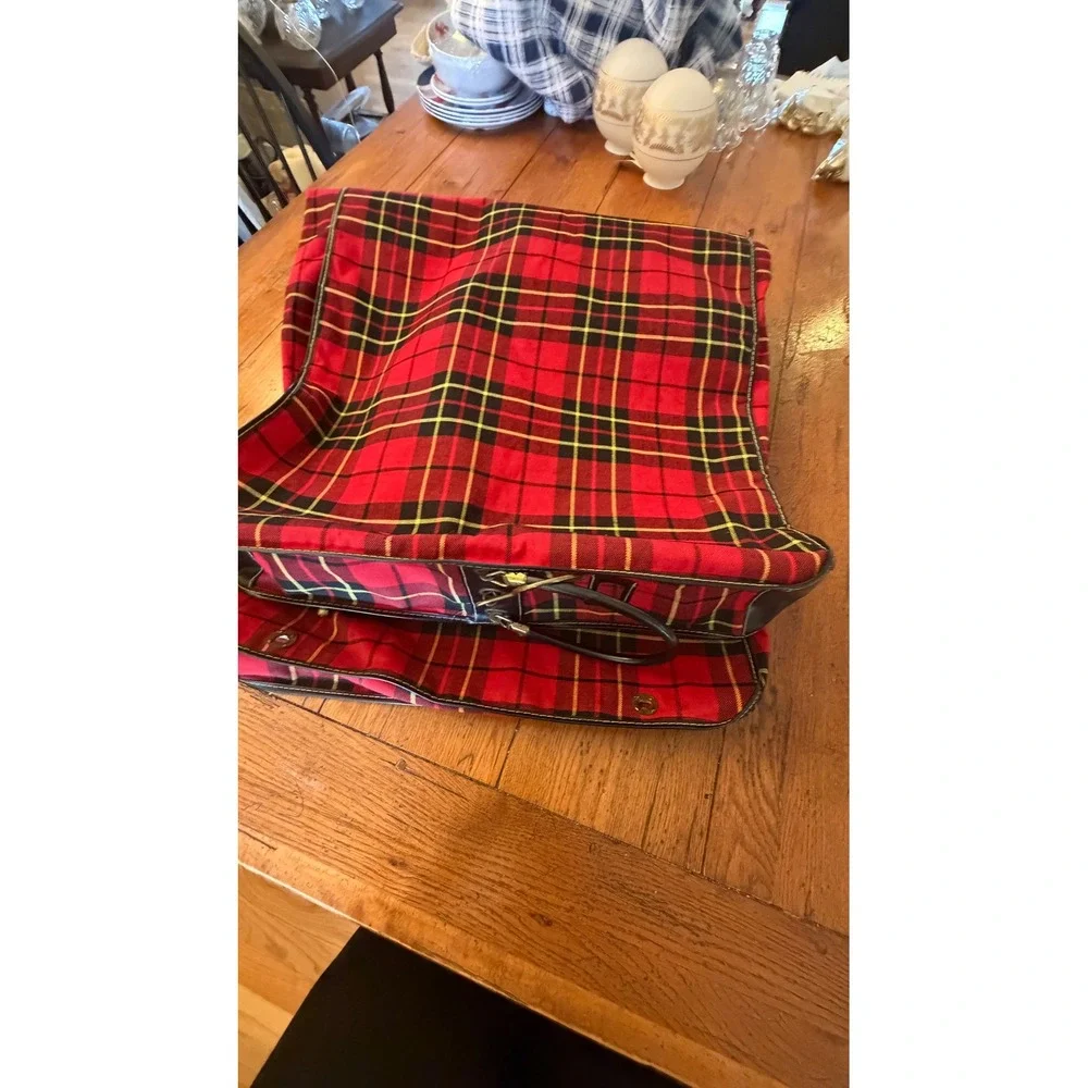 Vintage Hanging Garment Bag Red Tartan Plaid Travel Suit Carrier Luggage